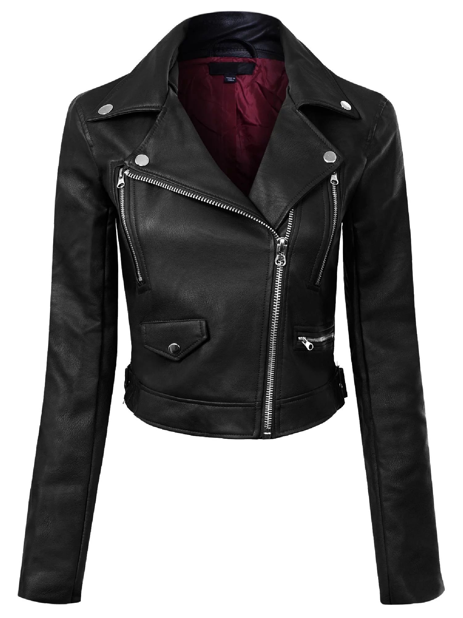 Made by Olivia Women's Long Sleeve Zipper Closure Moto Biker Faux Leather Jacket | Walmart (US)
