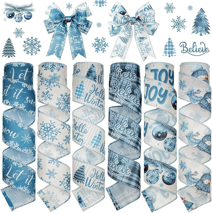 6 Rolls 30 Yards Christmas Wired Ribbon 2 Inch Gingerbread Nutcracker Snowflake Ribbons Xmas Swir... | Amazon (US)