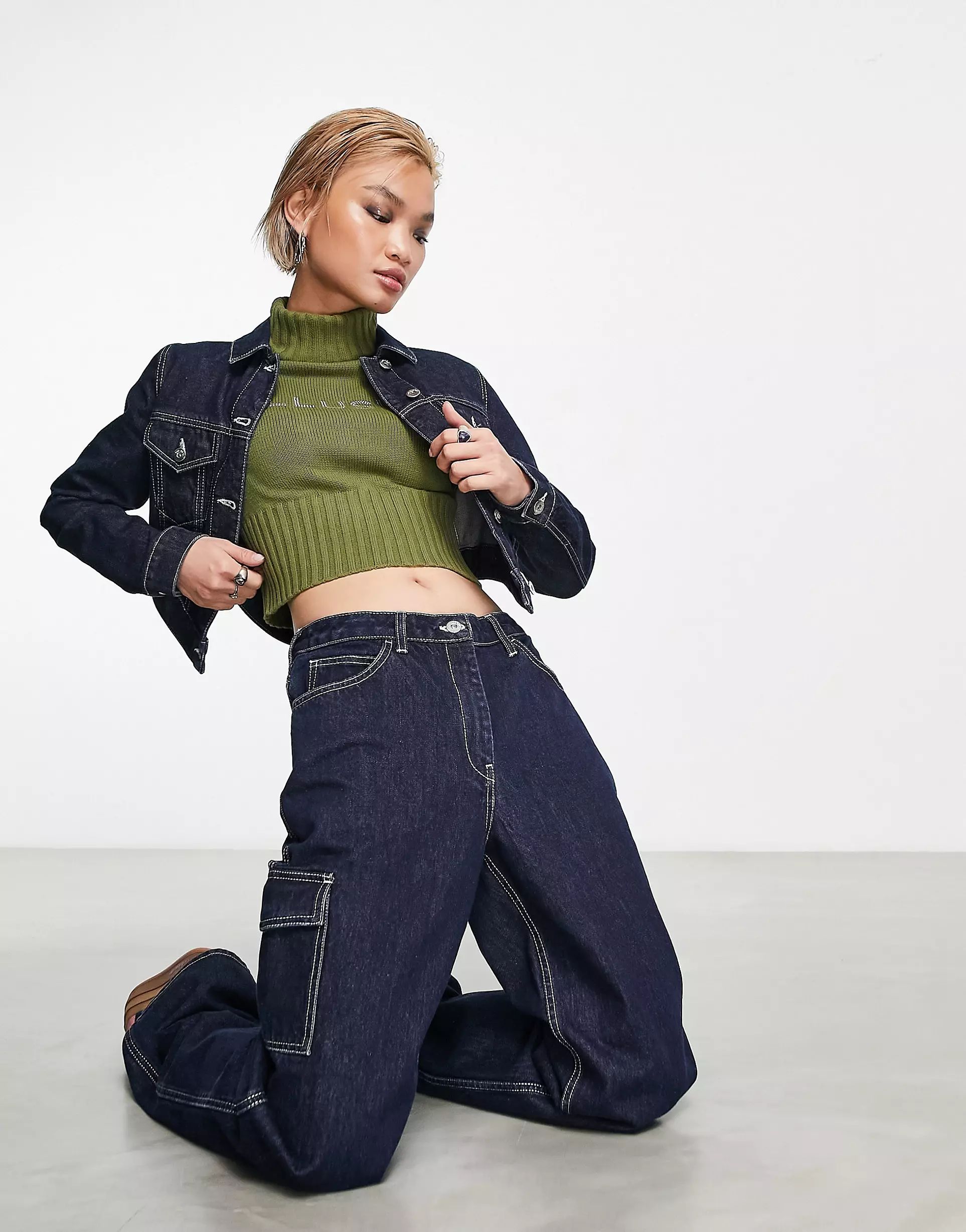 COLLUSION x008 mid rise straight cargo jeans in indigo - part of a set | ASOS (Global)