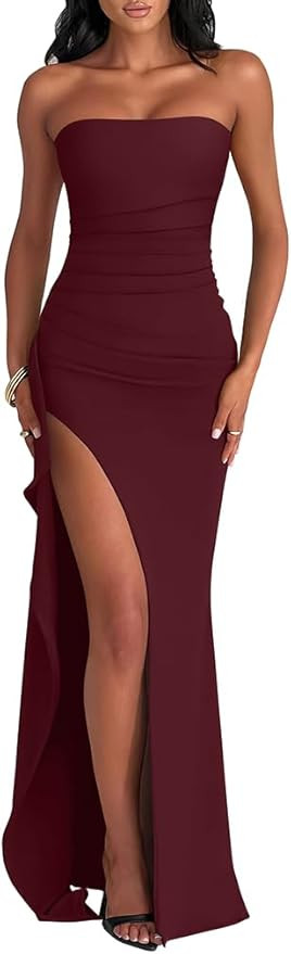 LAGSHIAN Women's Elegant Tube High Split Maxi Dress Strapless Bodycon Ruched Long Formal Evening ... | Amazon (US)