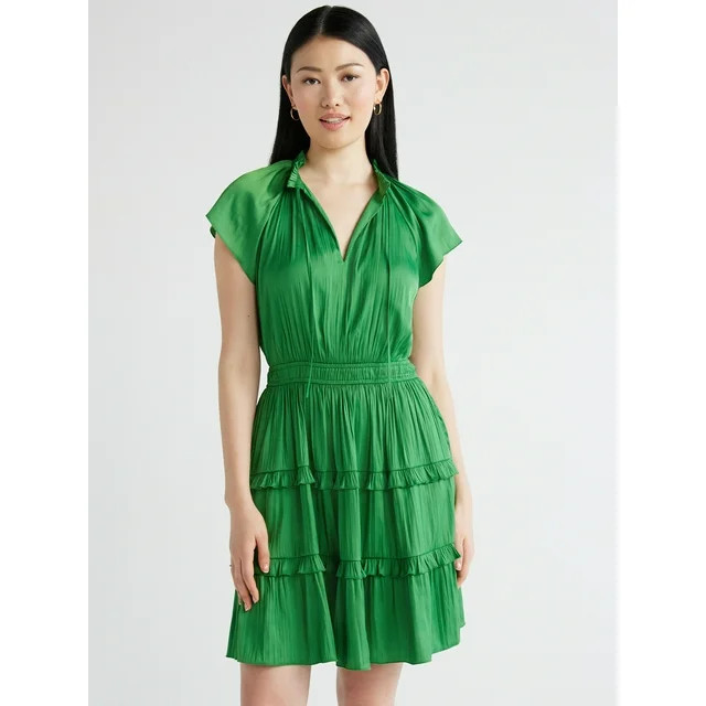 Scoop Women's Satin Mini Ruffle Dress with Cap Sleeves, Sizes XS-XXL | Walmart (US)