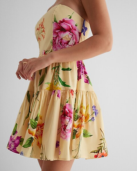 Floral Strapless Tiered Poplin Mini Dress | Express