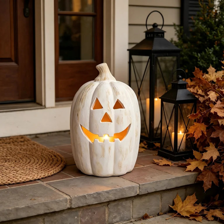 Fall Decor - Halloween Decor - 9.8" H White Handmade Resin Pumpkin Jack O' Lantern with Flameless... | Walmart (US)