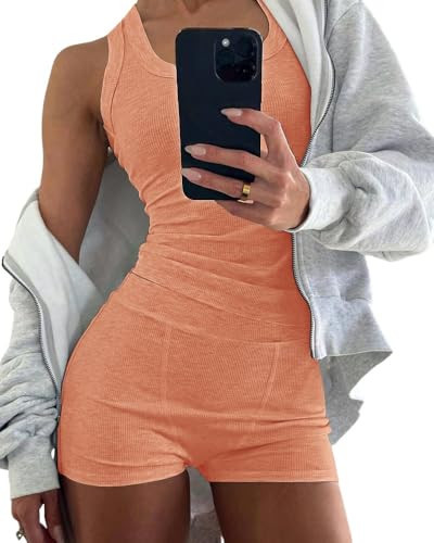 CHICME Womens Pajama Sets Casual Sleeveless Tank Top and Shorts Ribbed Knit 2 Piece Orange Lounge Set Summer Sleepwear Cute PJ Set-M | Amazon (US)