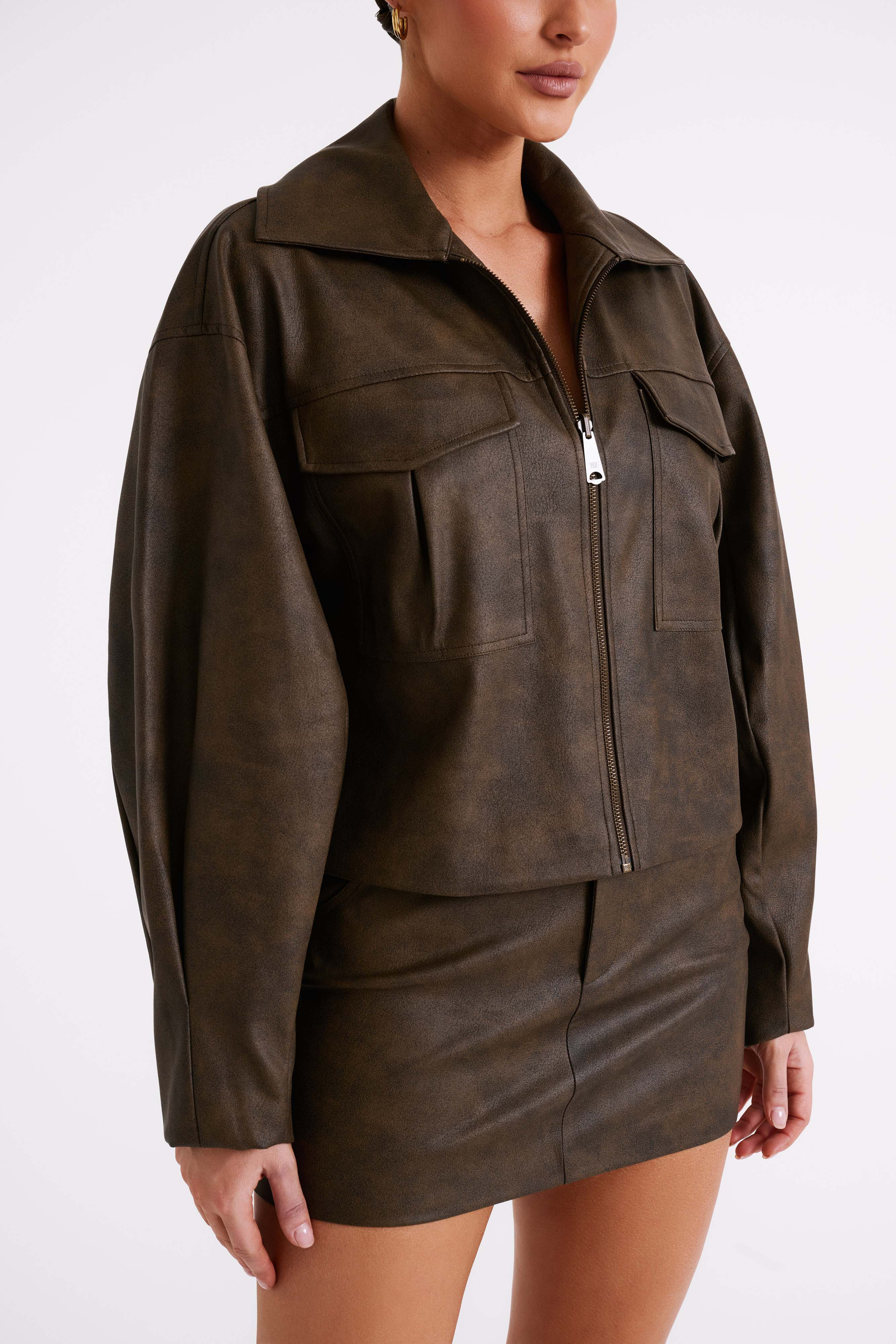 Mica Cropped Vintage Faux Leather Jacket - Vintage Chocolate | MESHKI US