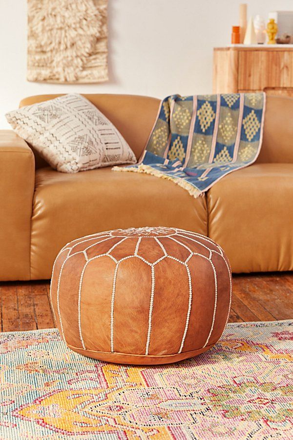 Traditional Leather Floor Pouf - Brown at Urban Outfitters | Urban Outfitters (US and RoW)