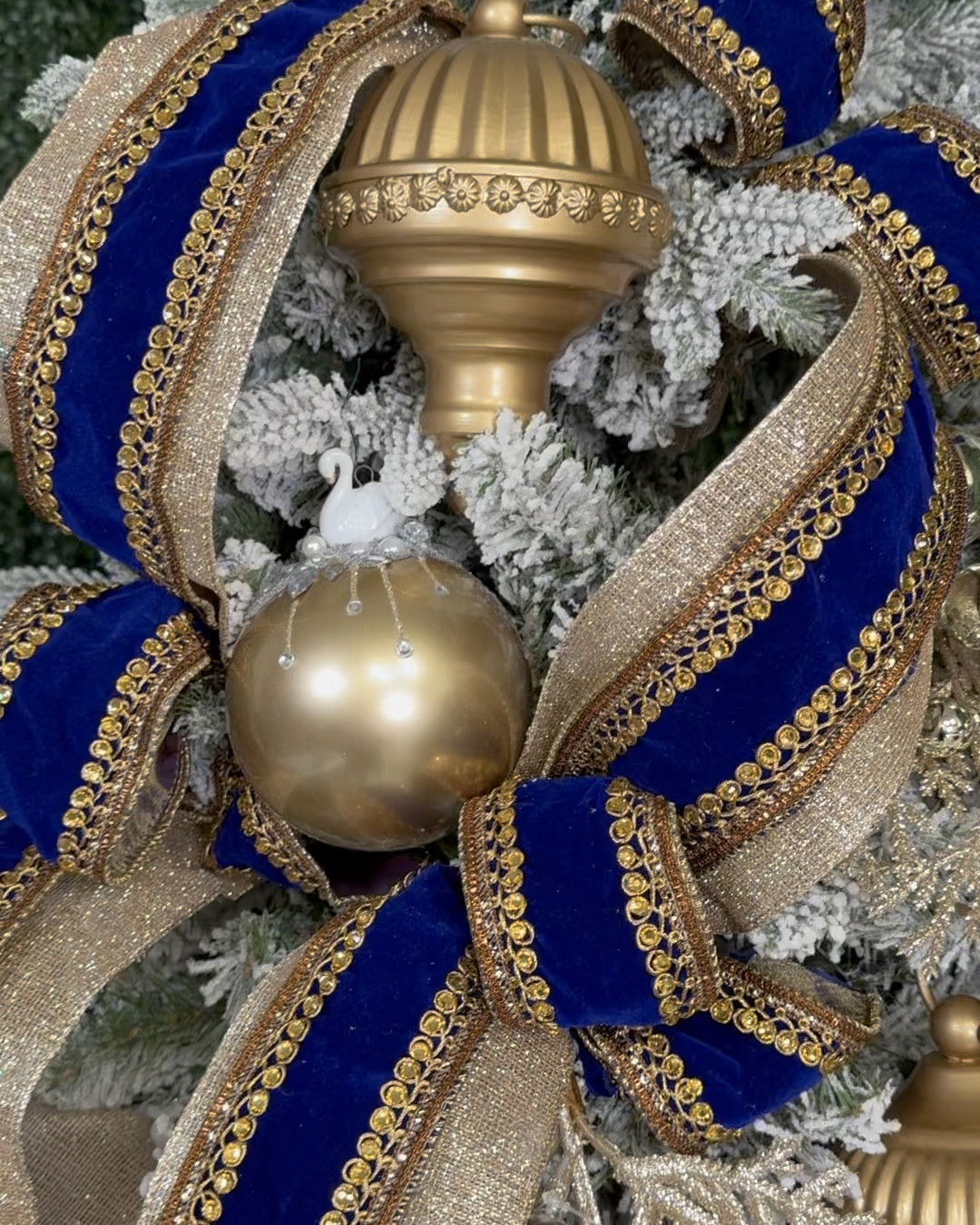 This has to be one of the most beautiful ribbons I’ve seen. It’s Royal blue velvet with embroidered crystals lining the edges. It’s definitely a statement ribbon. 

While used a lot of it in this video, you could really use this as an accent, therefore only needing one roll. (Depending on the size of the tree)

The ornaments are simply stunning! The detail is just gorgeous. 