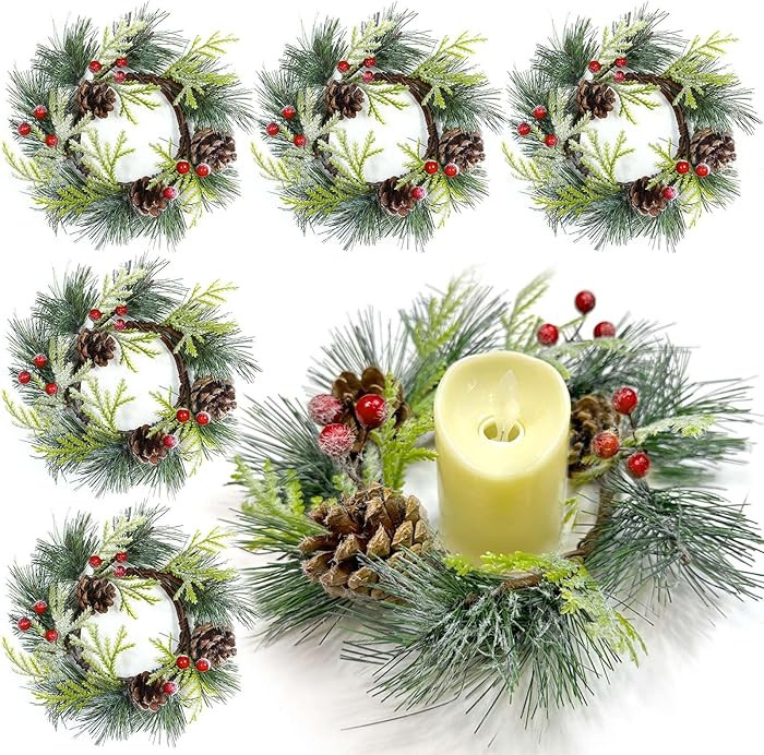 6 Pcs Snowy Christmas Candle Rings Wreaths, 9"x3.5" Mini Christmas Wreaths with Cypress Wreath Sn... | Amazon (US)