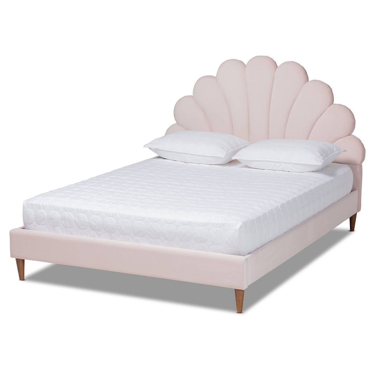 Queen Odille Velvet Seashell Shaped Platform Bed Light Pink/Walnut - Baxton Studio | Target