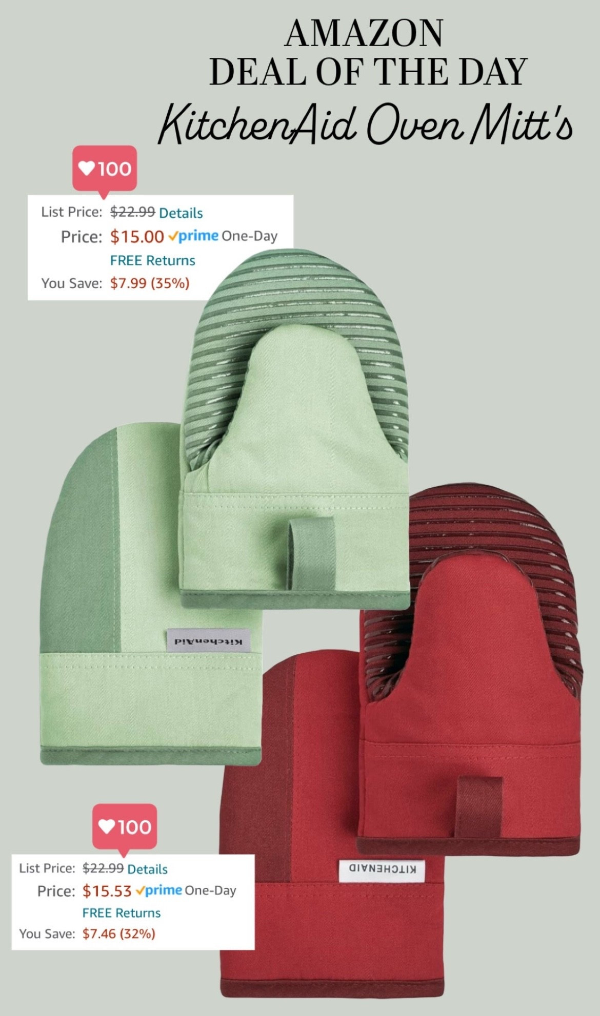 🚨 Amazon Deal of the Day: KitchenAid Oven Mitt’s!!!! 🚨

Have these in the red and I LOVE THEM!! Use them almost everyday :)

#LTKFindsUnder50 #LTKHome #LTKSaleAlert