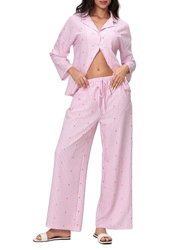 TUWIXIUW Button Pajama Women Set Long Sleeve Pj Heart Printed Sleepwear Long Sleeve Shirt Pants Set Valentines Day Outfit(46Pink,Large) | Amazon (US)