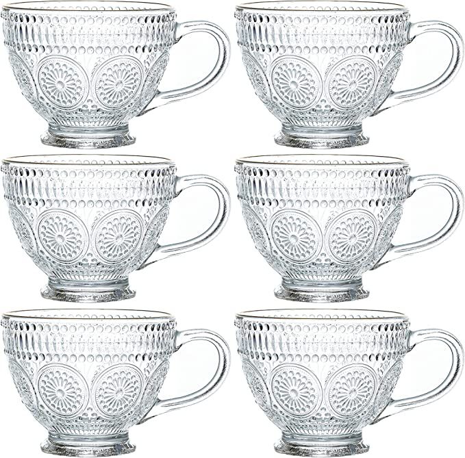 Kingrol Glass Coffee Mugs with Handles, 6 Pack 12.5 Ounces Embossed Tea Cups, Vintage Drinking Gl... | Amazon (US)