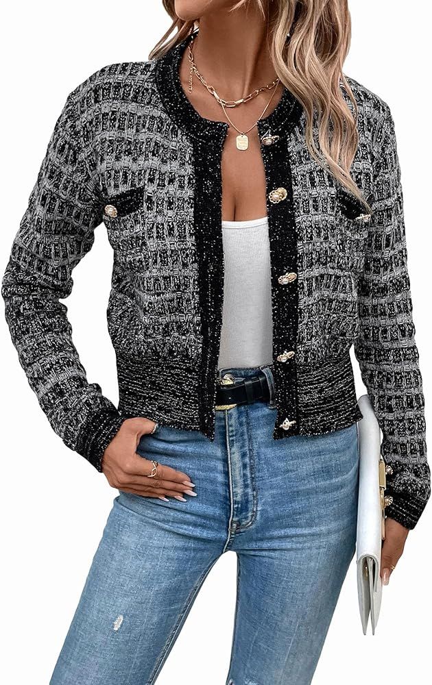 MakeMeChic Women's Pocket Patched Button Front Long Sleeve Cardigan Sweater | Amazon (US)
