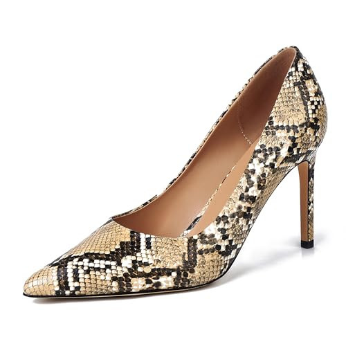 Snakeskin Heels for Women Synthetic Printing Brown Snake Skin Pumps Pointed Toe Kitten Stiletto Slip On Closed Toe Dress Shoes 3.5 Inches Size 11 | Amazon (US)