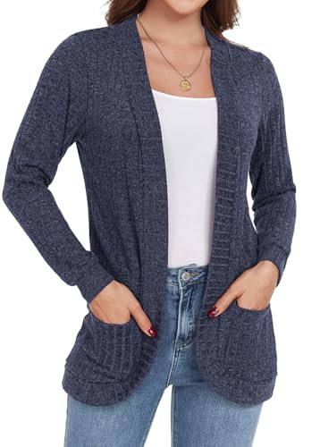 GRECERELLE Women's Black Long Sleeve Open Front Cardigan Casual Ribbed Knit Sweater Outerwear wit... | Amazon (US)