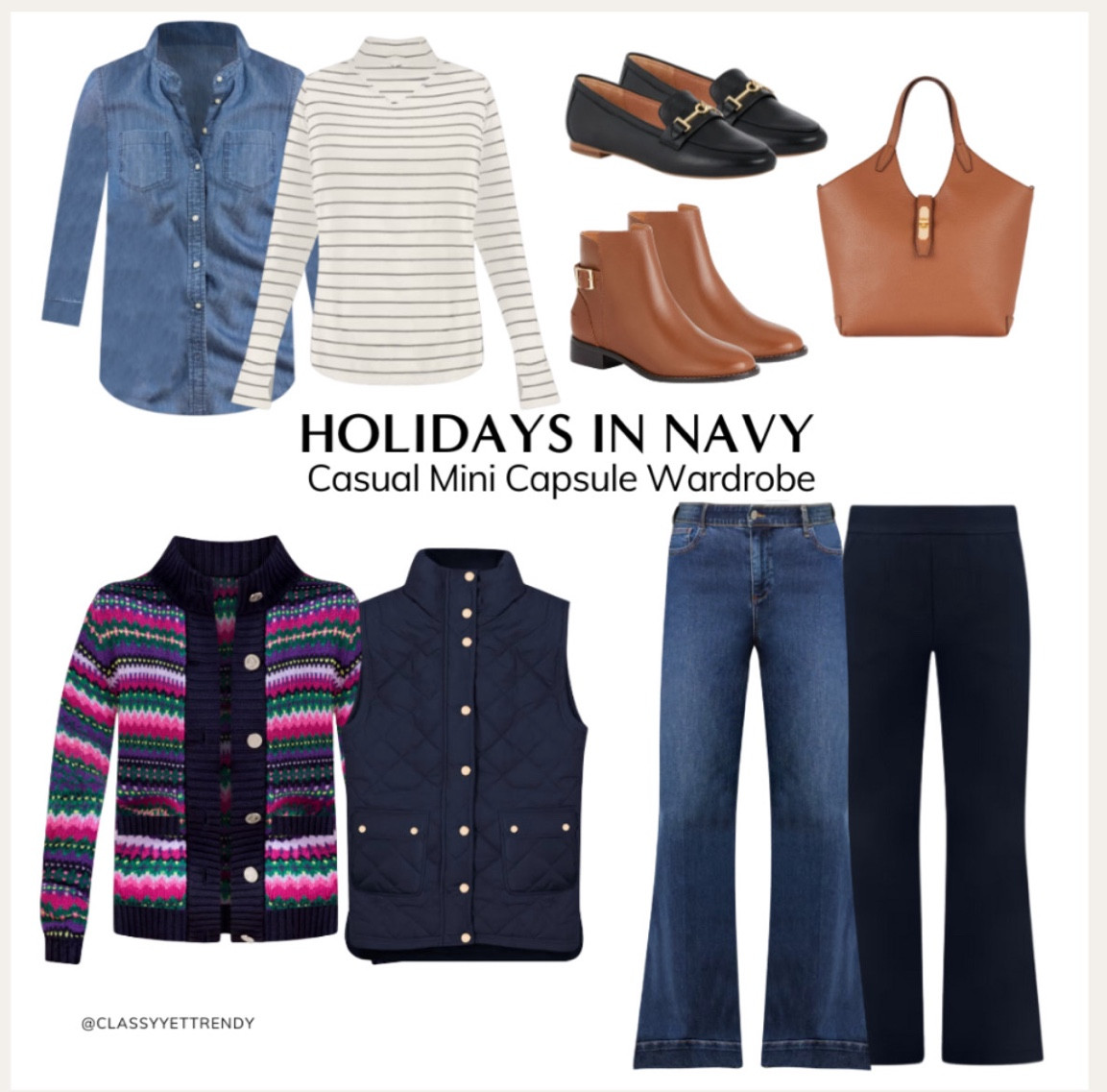 Holidays In Navy: casual mini capsule wardrobe from @talbotsofficial🎄 Mix and match these 6 pieces and add 2 pairs of shoes to create 9 outfits.  Wear these outfits to go shopping for all your gifts, have a luncheon with friends, go to holiday dinner with family and attend school events with the kids. ✨ #sponsored #talbots #talbotshaul 

 