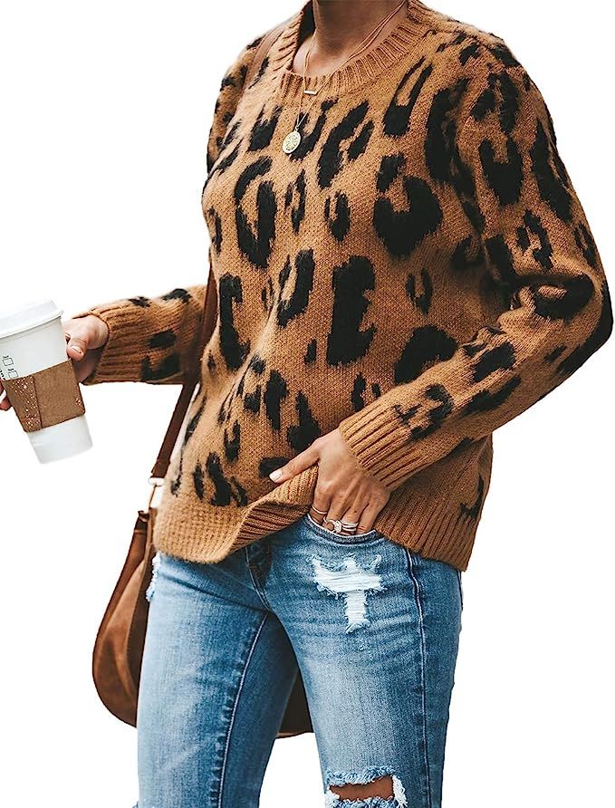 HZSONNE Women's Casual Leopard Crew Neck Loose Fit Sweater Long Sleeve Slouchy Pullover Knitted F... | Amazon (US)