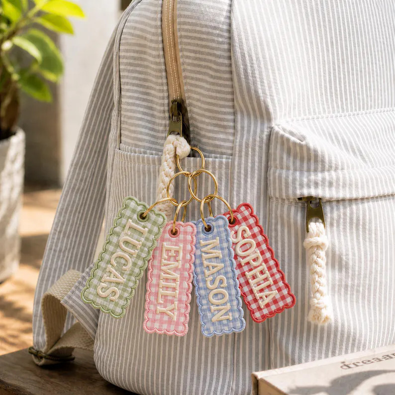 Custom Embroidered Name Tag, Gingham & Striped Backpack Charm, Personalized Keychain for Kids Bag... | Etsy (Global)