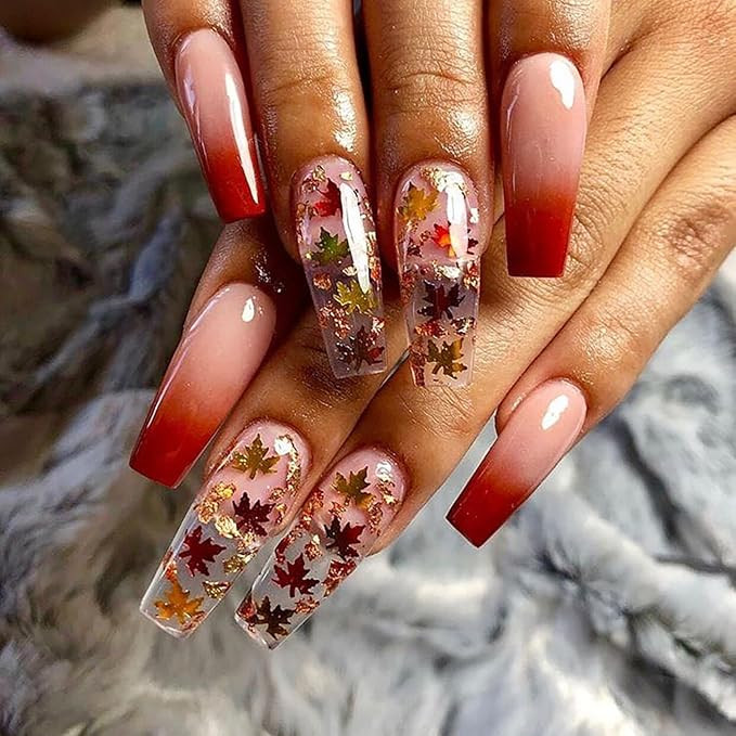 Fall Press on Nails Maple Leaf Sequins Fake Nails Thanksgiving Gradient Long Coffin Nail Glossy A... | Amazon (US)