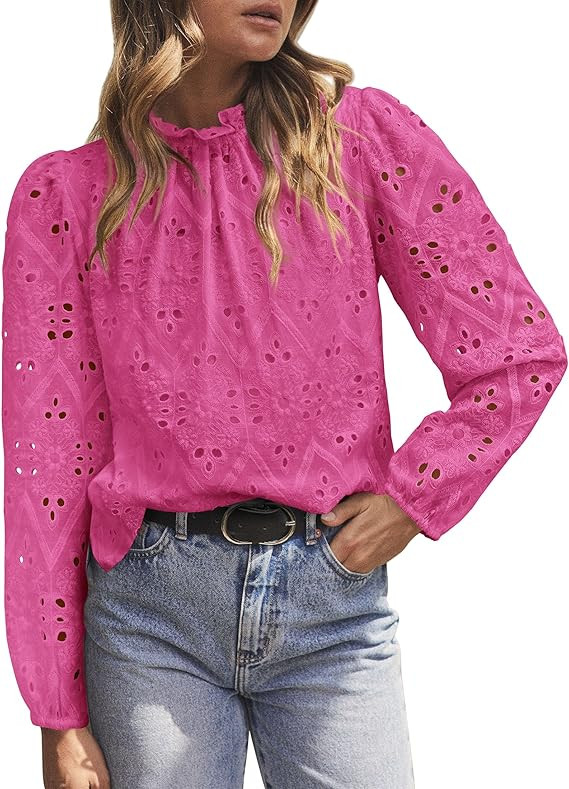 PRETTYGARDEN Womens Blouses Dressy Casual Embroidered Long Puff Sleeve Shirts Ruffle Eyelet Lace ... | Amazon (US)