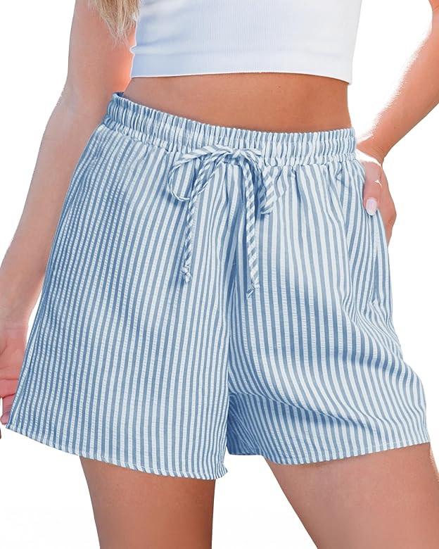 luvamia Striped Shorts for Women High Waisted Beach Casual Drawstring Pull On Elastic Waist Summe... | Amazon (US)