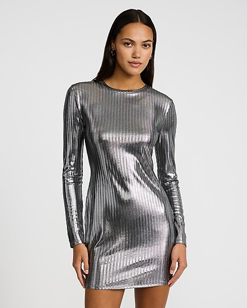 Shine Foil Ribbed Crew Neck Long Sleeve Mini Dress | Express