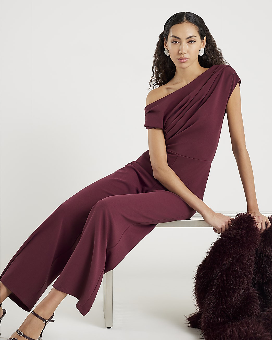 Purple Short Sleeve Asymmetric Drape Jumpsuit | River Island UK & IE