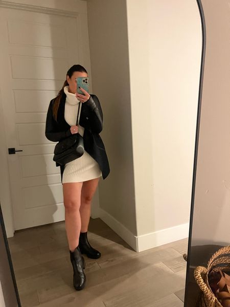 Fall Date Night Outfit Idea 🍁🍂⬇️
1. Cream sweater dress 
2. Black Leather Jacket 
3. Black crossbody bag 
4. Black Combat boots or Chelsea Boots 
5. Pair with black opague Tights if cooler outside. 
6. Slick back hair and you’re good to go! 
 I included high end and budget friendly options as well  


My dress is Amazon Fashion 
My boots are Walmart 
My jacket is SPANX

I included high end and budget friendly options from Walmart and Amazon as well. Want the details? Comment SWEATER WEATHER.

#LTKstyletip #LTKmidsize #LTKover40 #LTKstyletip #LTKfindsunder50 #LTKworkwear