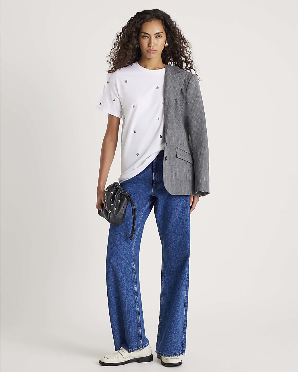 White Short Sleeve Studded T-shirt | River Island UK & IE