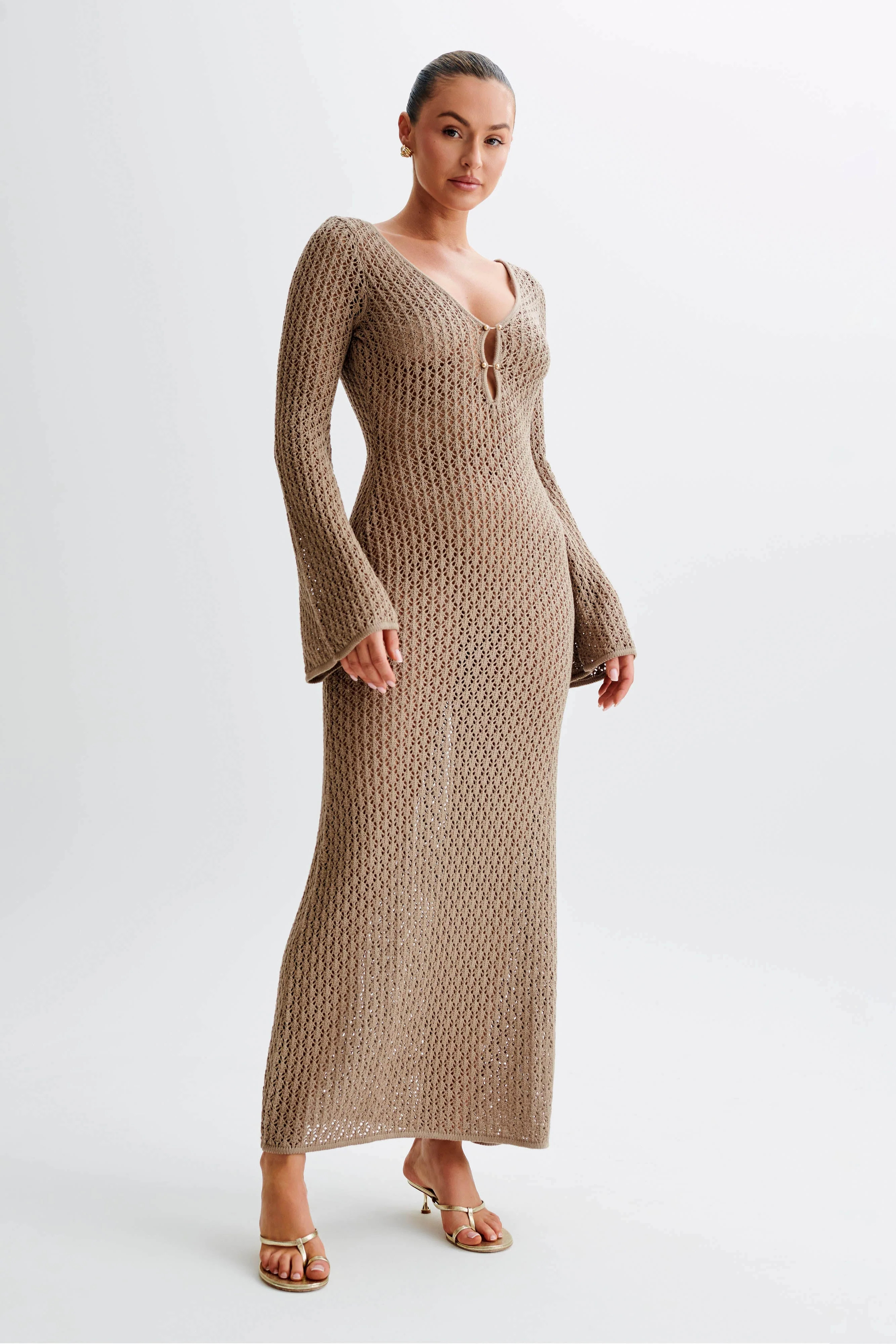 Kayleigh Crochet Fishtail Flare Sleeve Maxi Dress - Taupe | MESHKI US