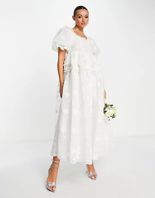 Dream Sister Jane Bridal puff sleeve organza maxi dress in white floral | ASOS (Global)