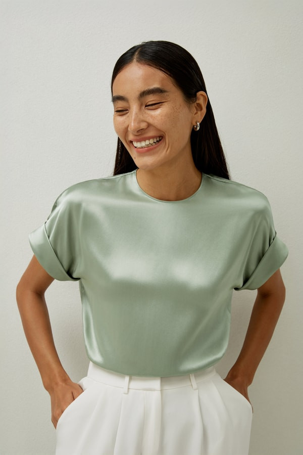 LILYSILK Womens Short Sleeve Silk Blouse - Aqua Green Natural Silk - Basic Round Neck Blouse L | LILYSILK
