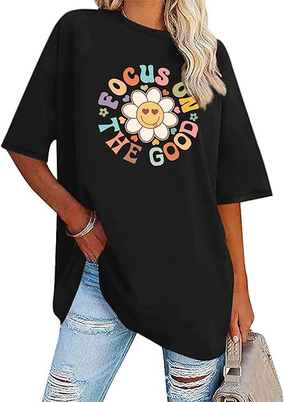 Focus On The Good Oversized Graphic T-Shirts Women Daisy Cute Flower Trendy Girls Preppy Shirt | Amazon (US)