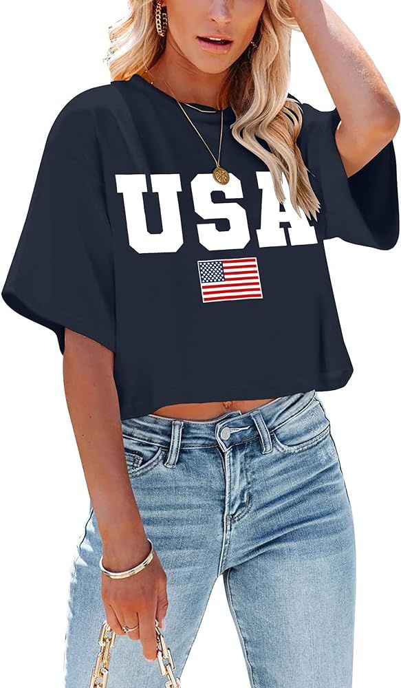 American Flag Crop Tops Women USA Crop Shirt Patriotic 4th of July Tee Memorial Day Tshirt Girls ... | Amazon (US)
