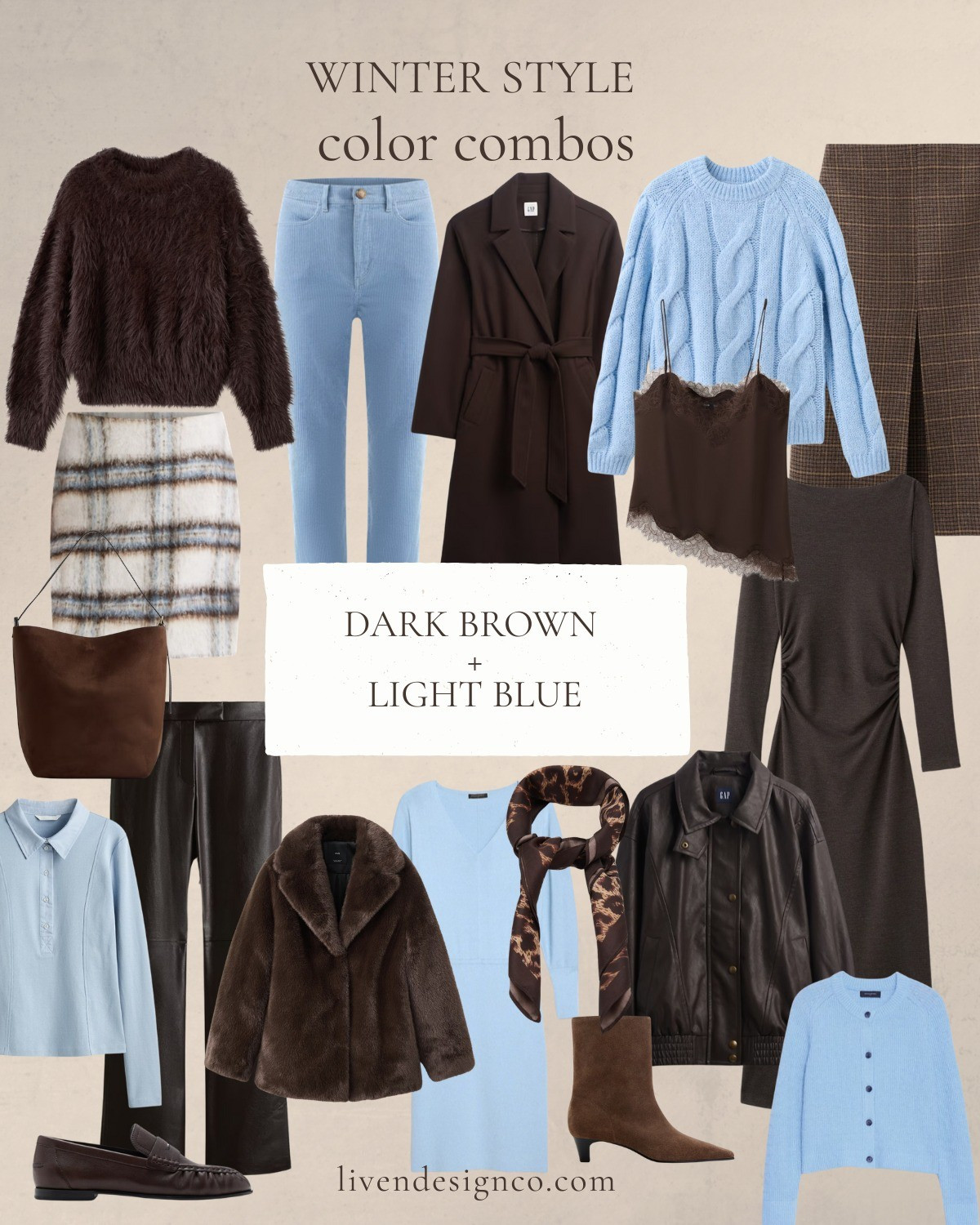 Light blue and brown color combos. Winter style. Style inspiration. Tweed skirt. Wool skirt. Cableknit sweater. Corduroy pants. Faux fur coat. Polo sweater. Sweater dress. Chocolate brown. Silk scarf. Plaid skirt. Wrap coat. Leather jacket. Fuzzy sweater. 

 #LTKSeasonal #LTKSaleAlert #LTKFindsUnder100