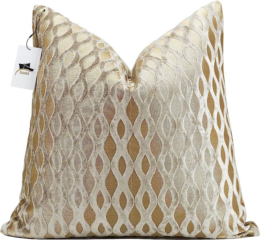 Dains 22x22 Decorative Throw Pillow Cover, Ivory Gold, Velvet Textured Square Cushion Case with L... | Amazon (US)