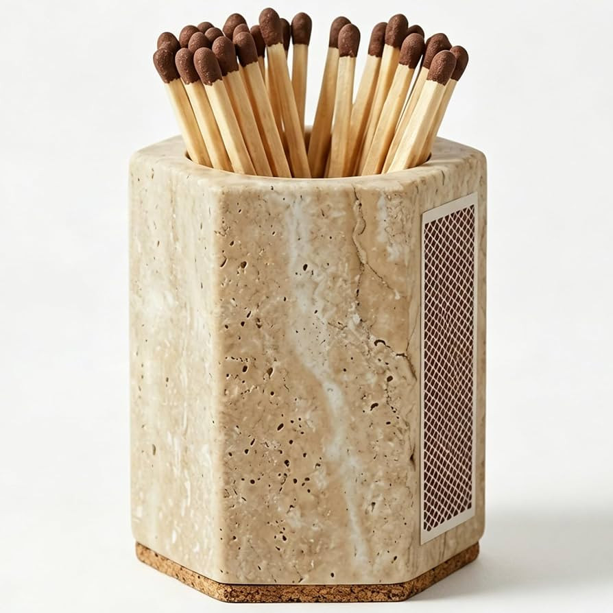 Hexagonal Travertine Match Holder with Striker, Large 3.2" x 2.6" Luxury Natural Stone Matches Ja... | Amazon (US)