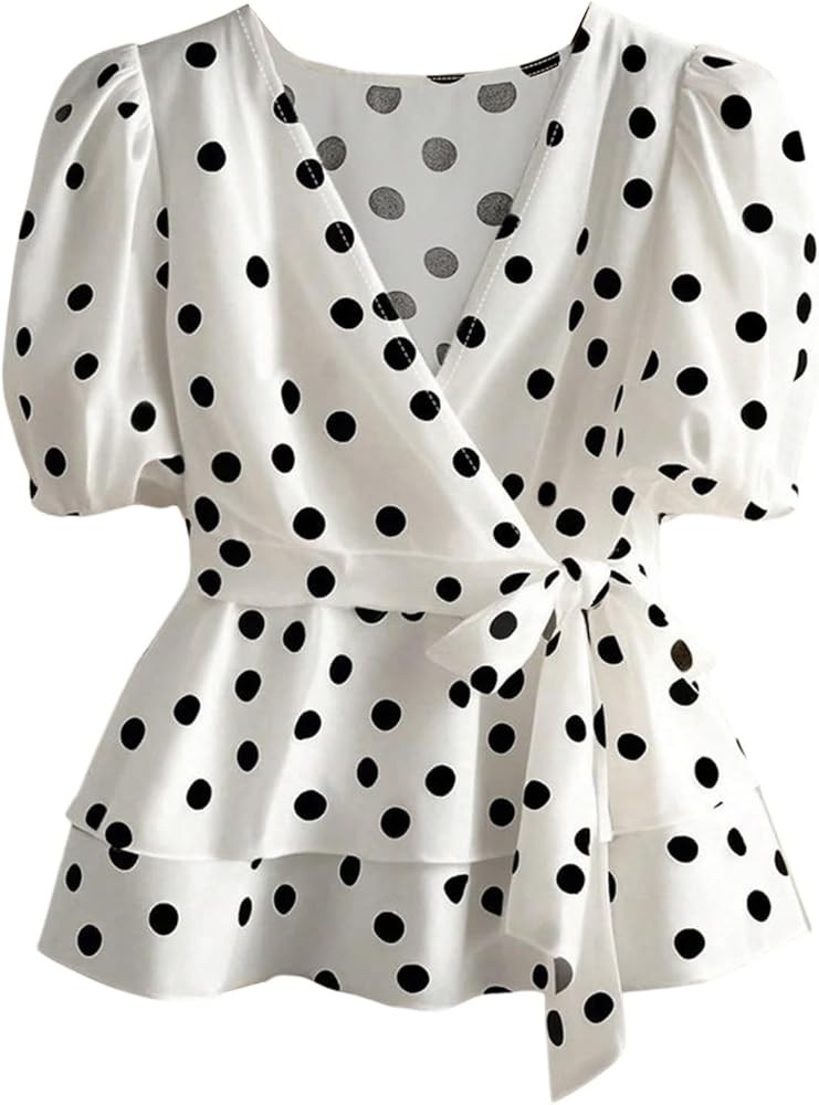 SHENHE Women's Puff Short Sleeve Wrap V Neck Blouse Polka Dots Peplum Ruffle Hem Dressy Top | Amazon (US)