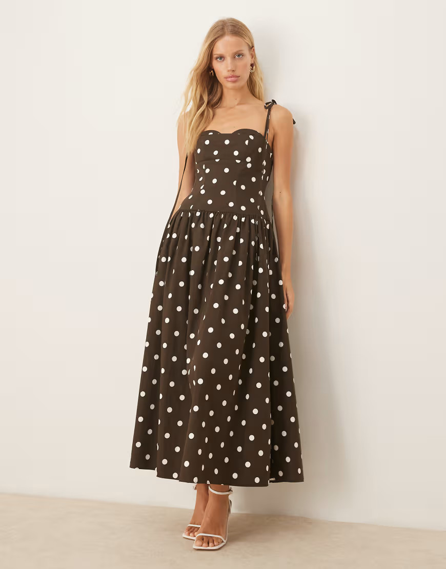 ASOS DESIGN structured tie strap dropped waist midi dress in brown spot print-Multi | ASOS (Global)