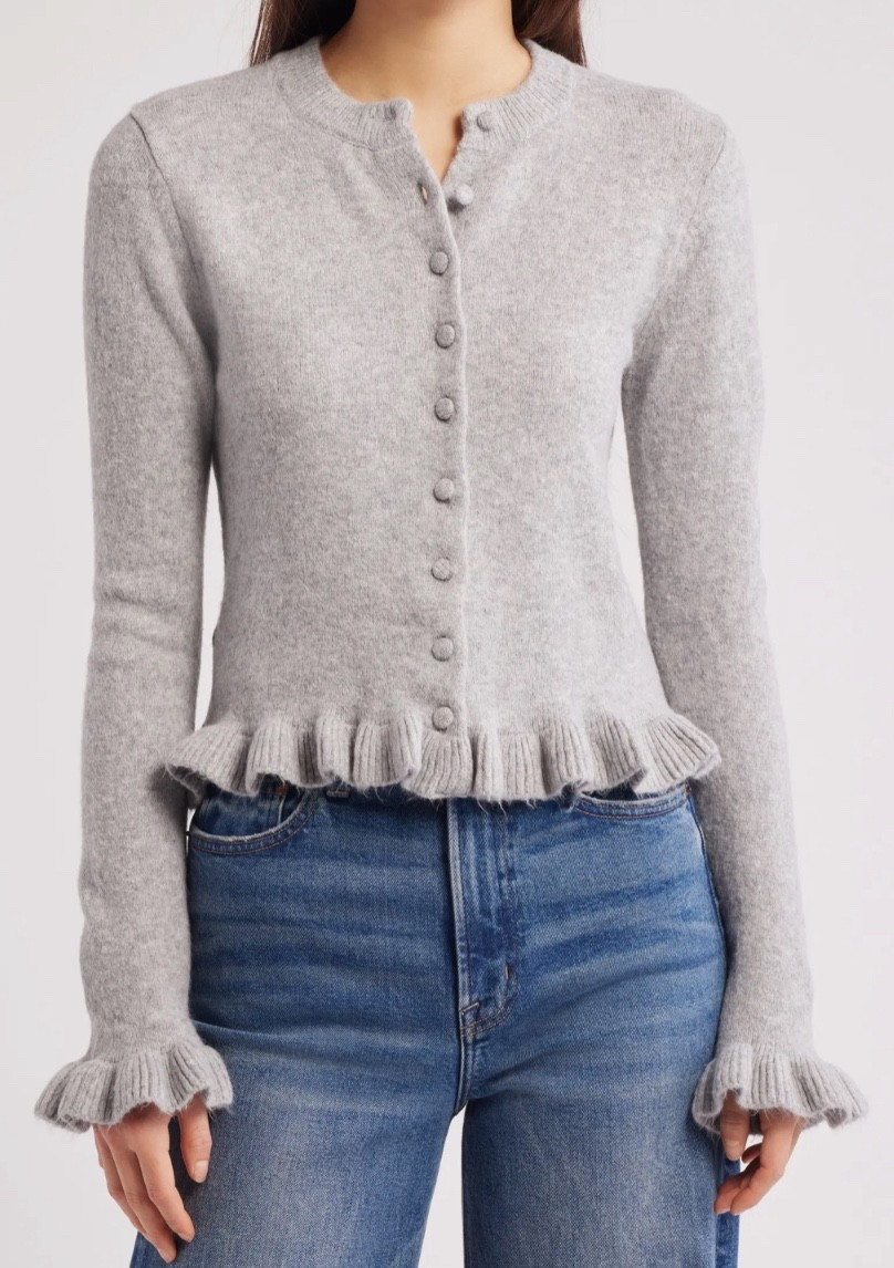 Ruffle sweater 
Sweater
Cardigan 

#LTKSeasonal #LTKHoliday #LTKFindsUnder100