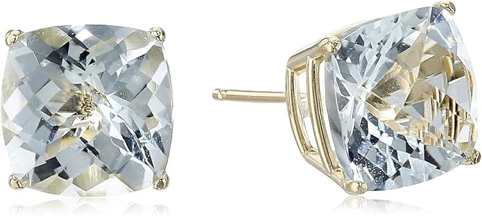 14k Yellow Gold Cushion-Cut Checkerboard Aquamarine Stud Earrings (8mm) | Amazon (US)