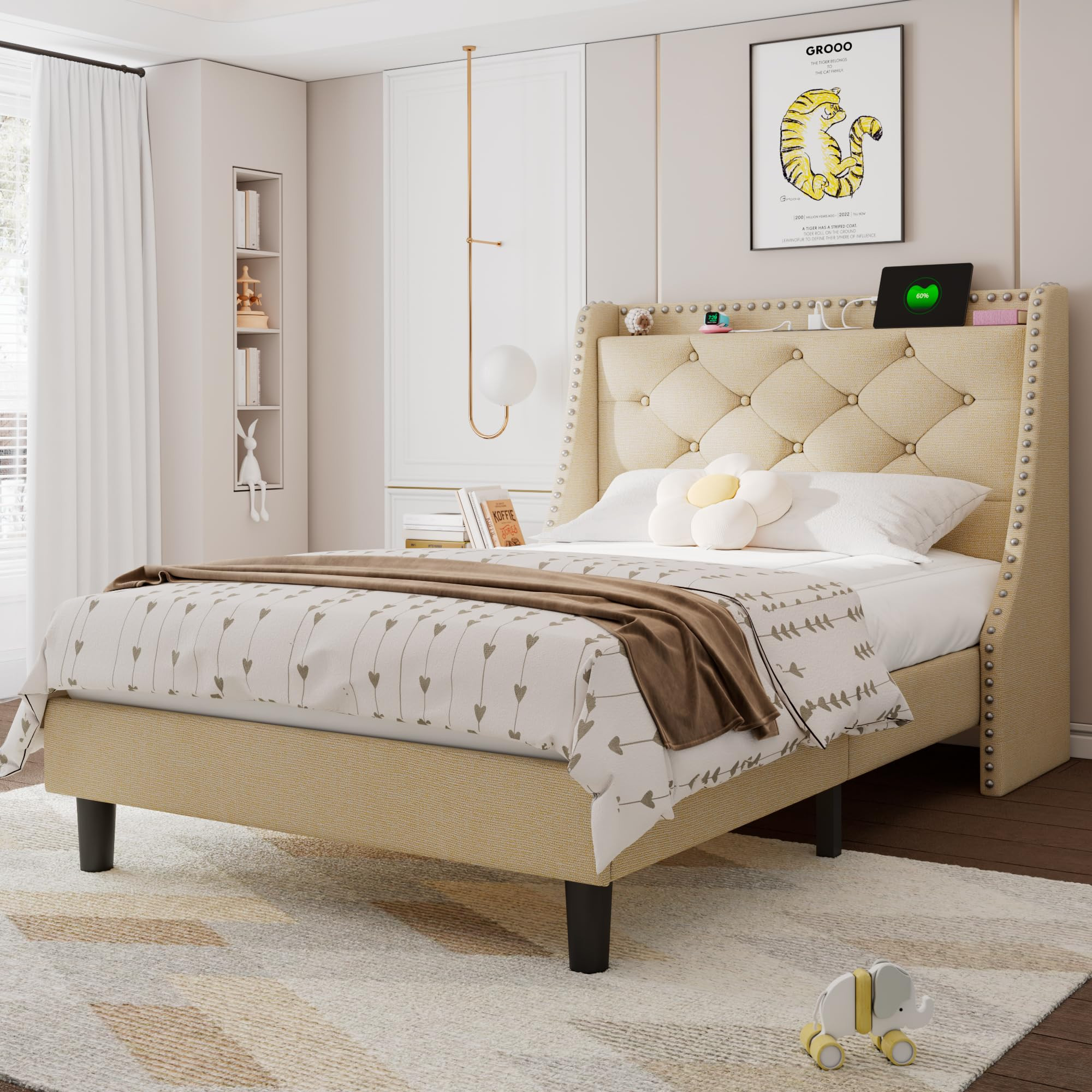 Feonase Twin Bed Frames with Luxury Wingback and Fast Charging Station,Twin Size Upholstered Butt... | Amazon (US)