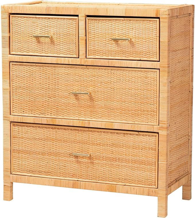 Baxton Studio Vaere Natural Rattan Storage Cabinet, 4-Drawer, Light Honey | Amazon (US)