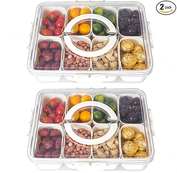 Divided Serving Tray with Lid and Handle - Divided Snack Tray for Portable Snack Platters - Clear... | Amazon (US)