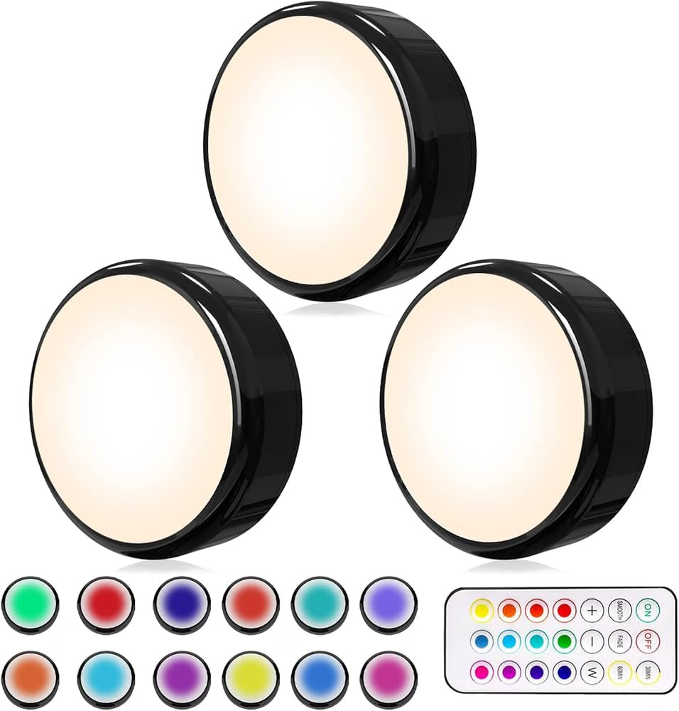 HELPLEX LED Puck Lights with Remote, 3 Pack Color Changing RGBW Stick-On Light, Battery Powered, ... | Amazon (US)