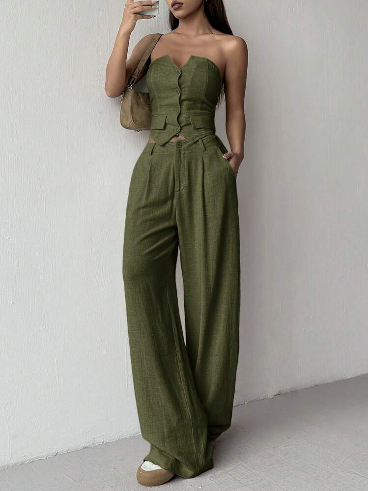 SHEIN EZwear Ladies' Linen Simple Solid Color Tube Top And Long Pants Two-Piece Set | SHEIN