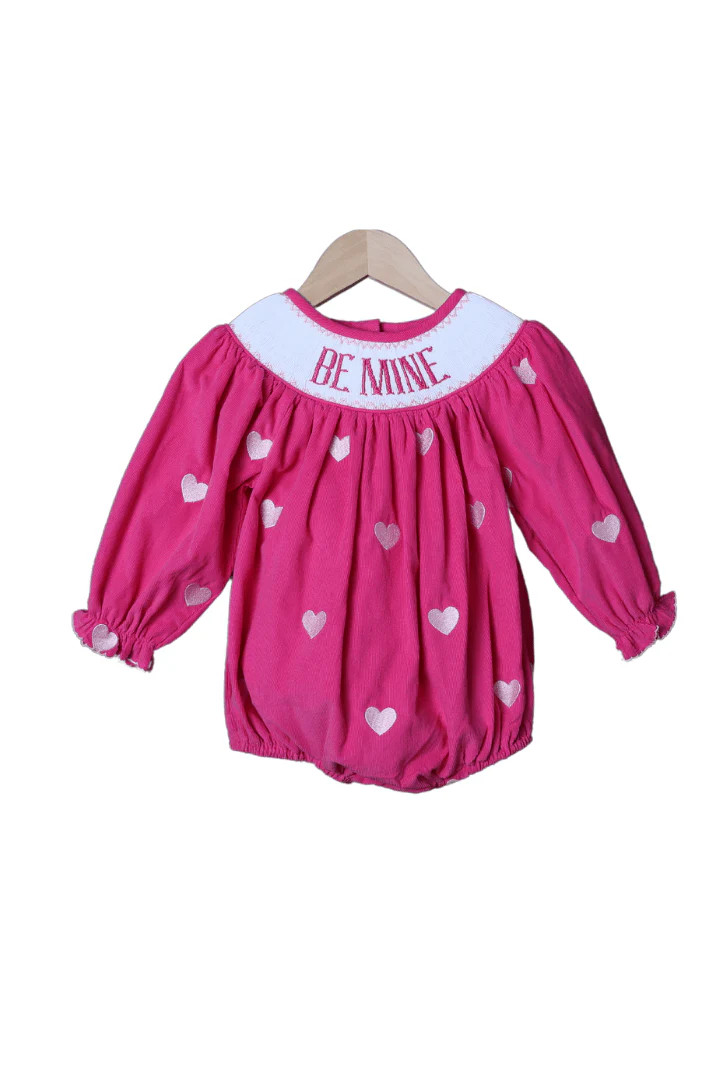 Smocked Be Mine Hot Pink Corduroy Bubble | The Smocked Flamingo