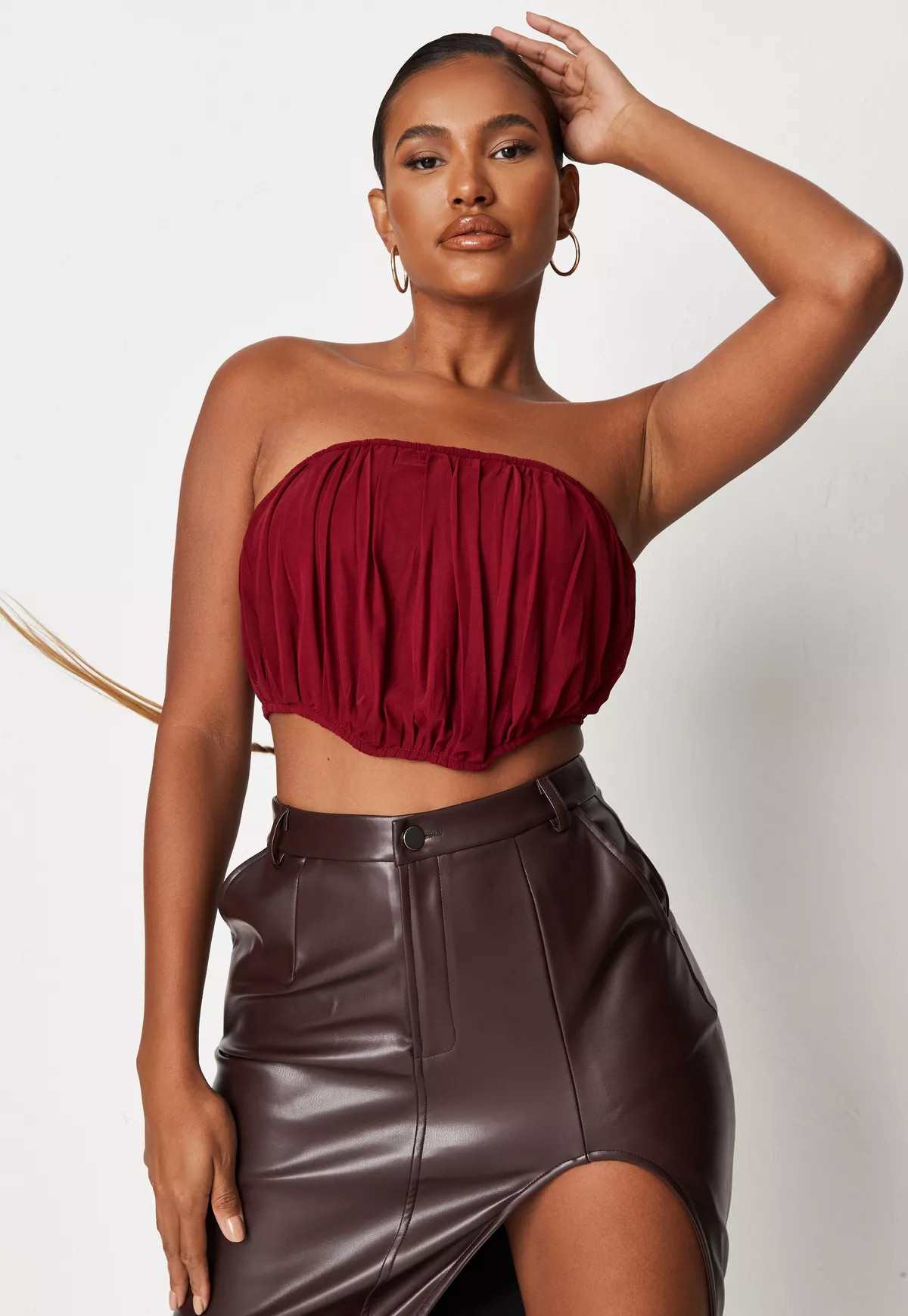 Missguided - Petite Wine Mesh Ruched Bandeau Corset Top | Missguided (US & CA)