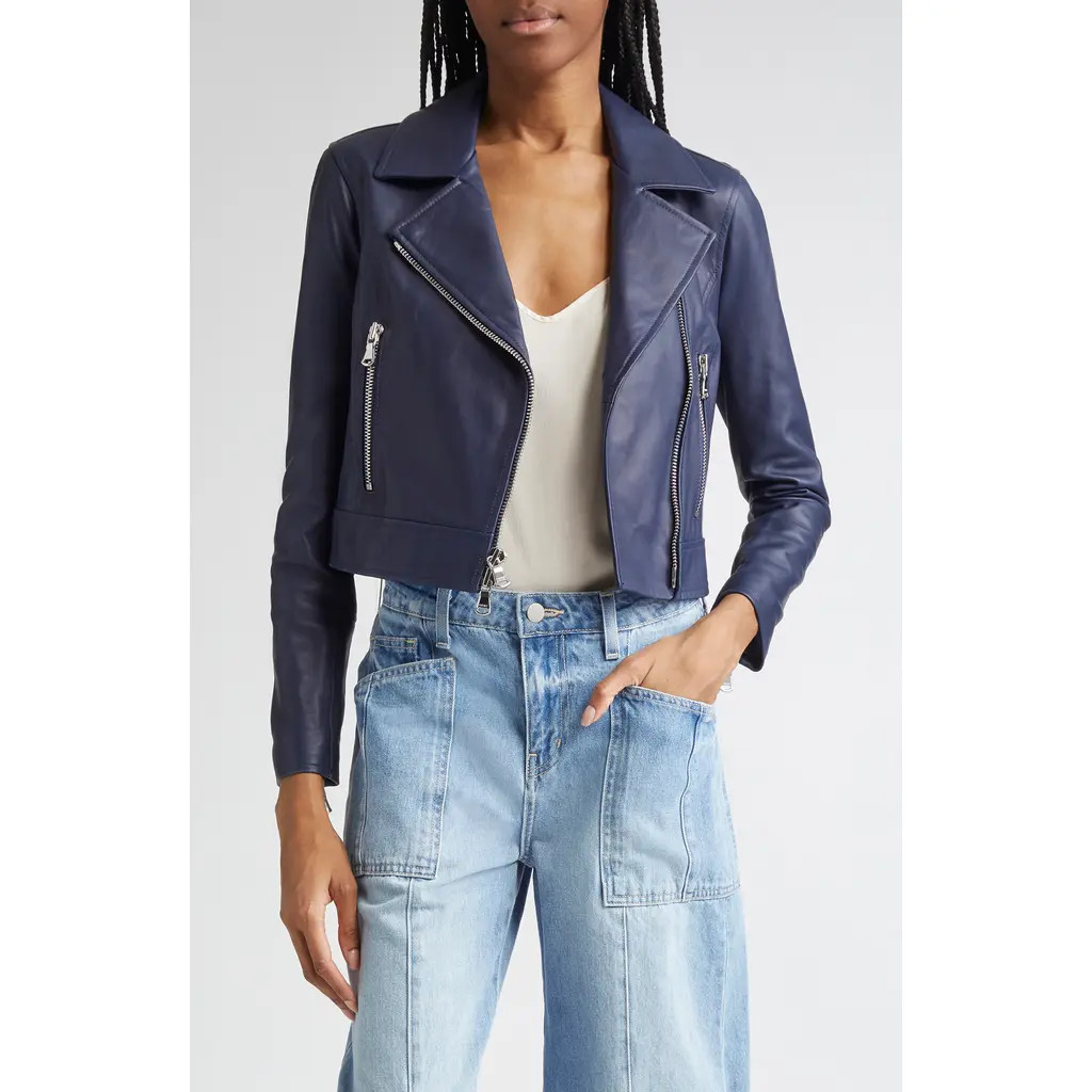 L'AGENCE Onna Crop Leather Biker Jacket in Navy at Nordstrom Rack, Size Small | Nordstrom Rack