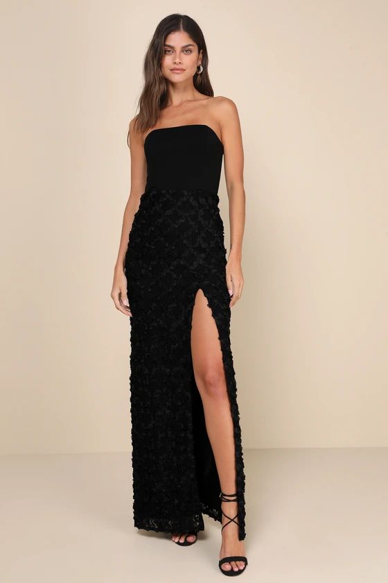 Ravishing Appeal Black 3D Floral Applique Strapless Maxi Dress | Lulus